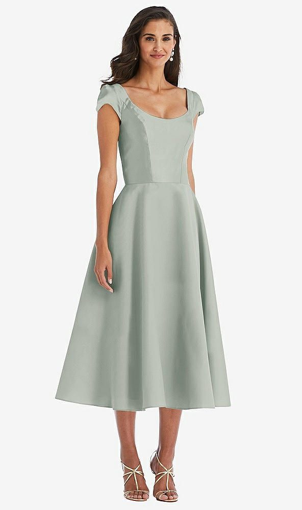 Front View - Willow Green Puff Cap Sleeve Full Skirt Satin Midi Dress