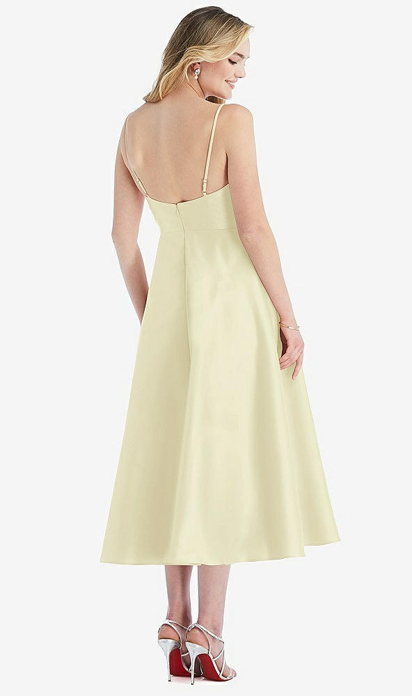 Back View - Butter Yellow Spaghetti Strap Full Skirt Satin Midi Dress