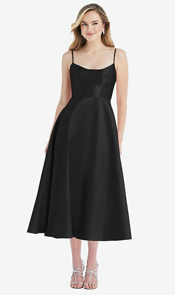 Front View - Black Spaghetti Strap Full Skirt Satin Midi Dress