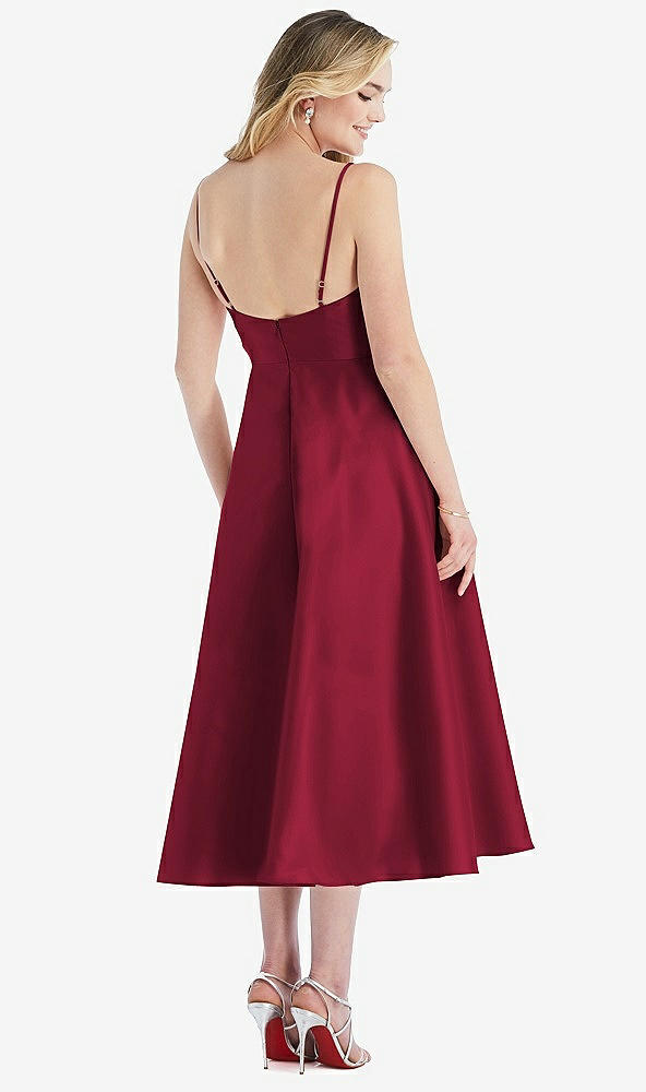 Back View - Burgundy Spaghetti Strap Full Skirt Satin Midi Dress