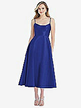 Front View Thumbnail - Cobalt Blue Spaghetti Strap Full Skirt Satin Midi Dress