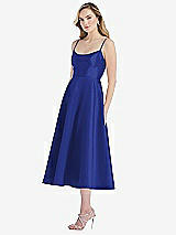 Side View Thumbnail - Cobalt Blue Spaghetti Strap Full Skirt Satin Midi Dress