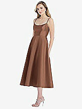 Side View Thumbnail - Cognac Spaghetti Strap Full Skirt Satin Midi Dress