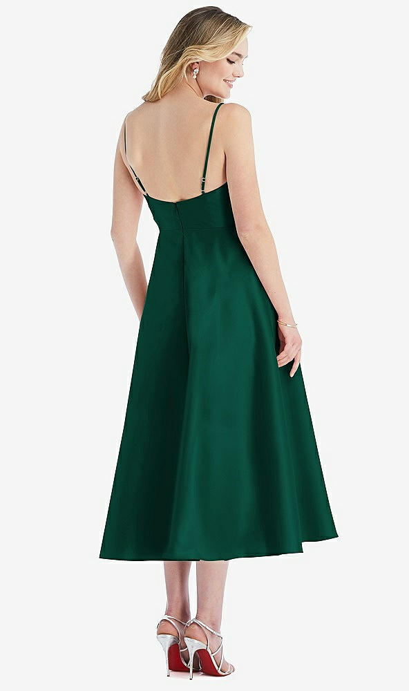 Back View - Hunter Green Spaghetti Strap Full Skirt Satin Midi Dress
