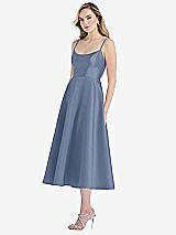 Side View Thumbnail - Larkspur Blue Spaghetti Strap Full Skirt Satin Midi Dress