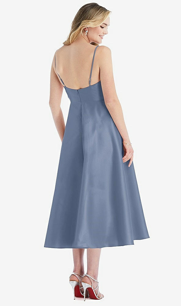 Back View - Larkspur Blue Spaghetti Strap Full Skirt Satin Midi Dress