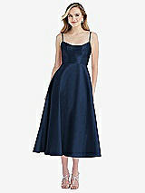 Front View Thumbnail - Midnight Navy Spaghetti Strap Full Skirt Satin Midi Dress