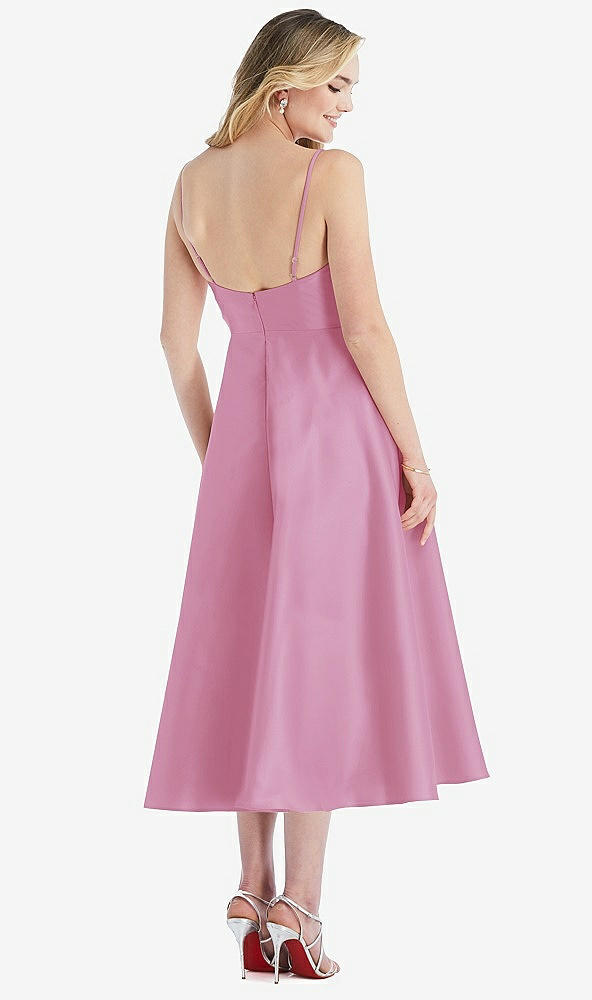 Back View - Powder Pink Spaghetti Strap Full Skirt Satin Midi Dress