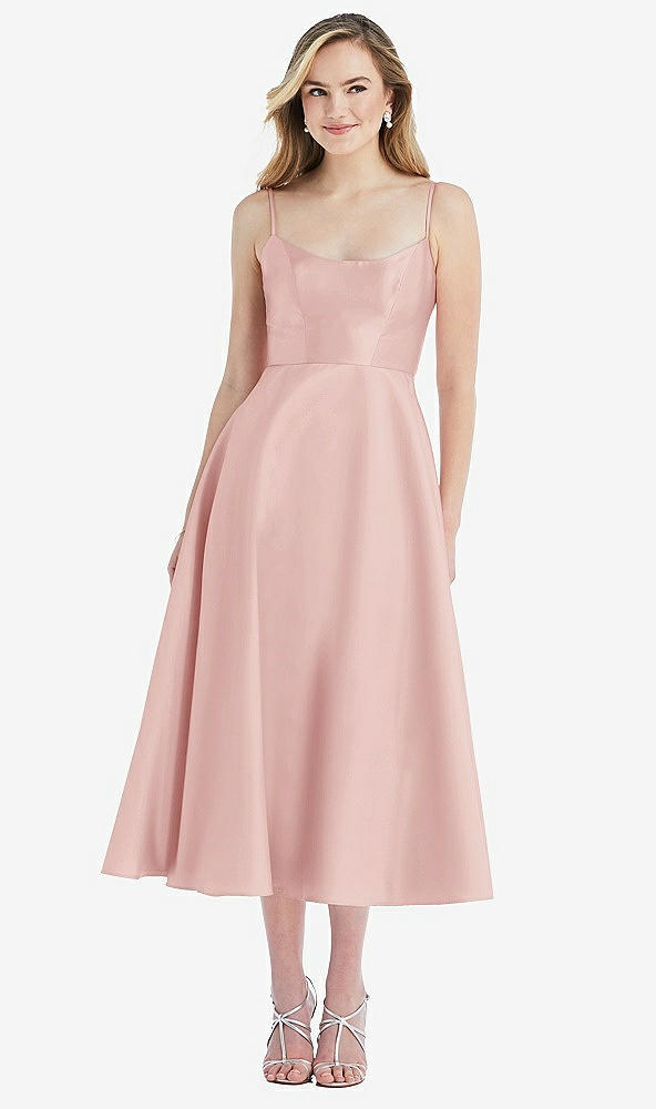Front View - Rose Spaghetti Strap Full Skirt Satin Midi Dress
