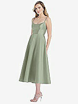 Side View Thumbnail - Sage Spaghetti Strap Full Skirt Satin Midi Dress