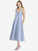 Side View Thumbnail - Sky Blue Spaghetti Strap Full Skirt Satin Midi Dress
