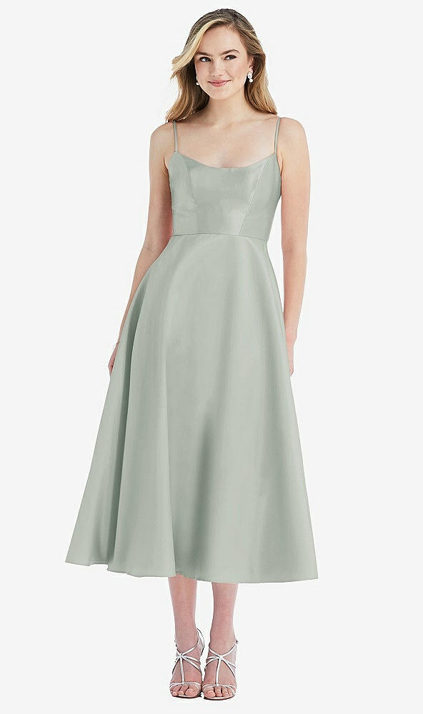 Front View - Willow Green Spaghetti Strap Full Skirt Satin Midi Dress