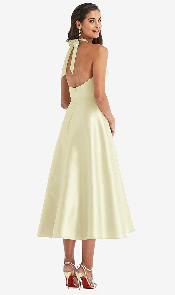 Back View - Butter Yellow Tie-Neck Halter Full Skirt Satin Midi Dress
