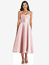 Front View Thumbnail - Ballet Pink Tie-Neck Halter Full Skirt Satin Midi Dress