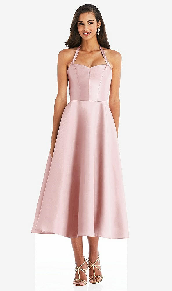 Front View - Ballet Pink Tie-Neck Halter Full Skirt Satin Midi Dress