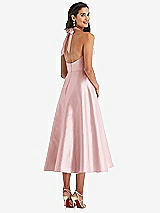 Rear View Thumbnail - Ballet Pink Tie-Neck Halter Full Skirt Satin Midi Dress