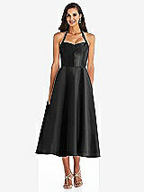 Front View Thumbnail - Black Tie-Neck Halter Full Skirt Satin Midi Dress