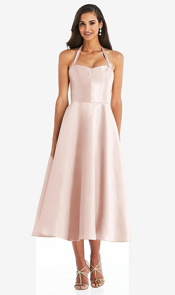Front View - Blush Tie-Neck Halter Full Skirt Satin Midi Dress