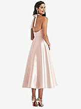 Rear View Thumbnail - Blush Tie-Neck Halter Full Skirt Satin Midi Dress