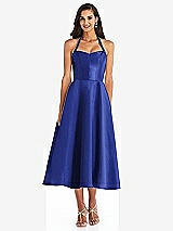 Front View Thumbnail - Cobalt Blue Tie-Neck Halter Full Skirt Satin Midi Dress