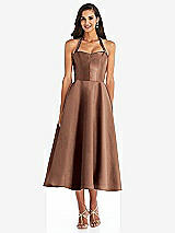 Front View Thumbnail - Cognac Tie-Neck Halter Full Skirt Satin Midi Dress
