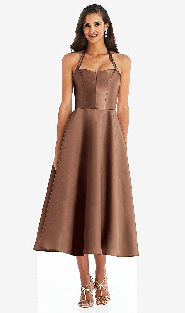 Front View - Cognac Tie-Neck Halter Full Skirt Satin Midi Dress