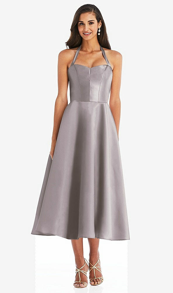 Front View - Cashmere Gray Tie-Neck Halter Full Skirt Satin Midi Dress