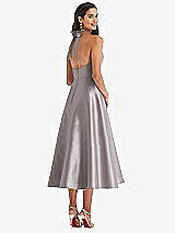 Rear View Thumbnail - Cashmere Gray Tie-Neck Halter Full Skirt Satin Midi Dress