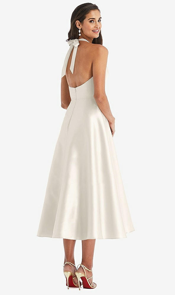 Back View - Ivory Tie-Neck Halter Full Skirt Satin Midi Dress