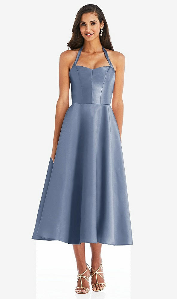 Front View - Larkspur Blue Tie-Neck Halter Full Skirt Satin Midi Dress