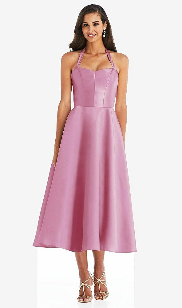 Front View - Powder Pink Tie-Neck Halter Full Skirt Satin Midi Dress