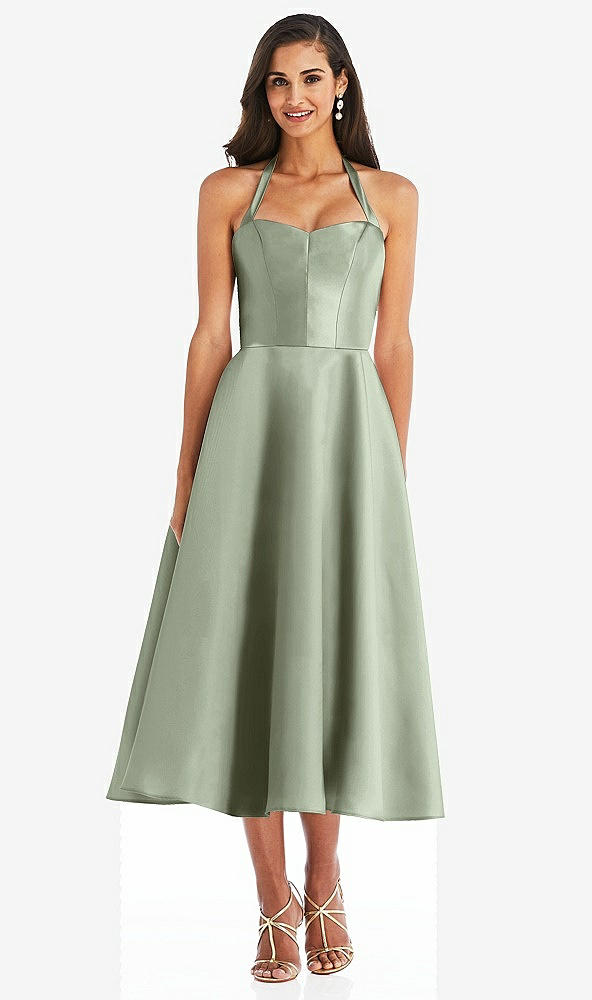 Front View - Sage Tie-Neck Halter Full Skirt Satin Midi Dress