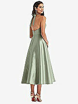 Rear View Thumbnail - Sage Tie-Neck Halter Full Skirt Satin Midi Dress