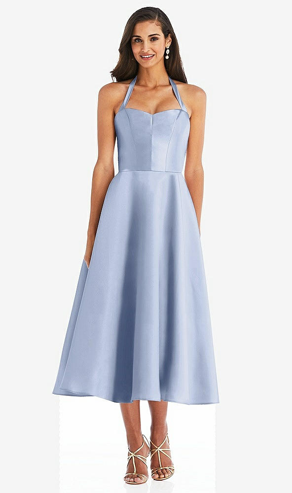 Front View - Sky Blue Tie-Neck Halter Full Skirt Satin Midi Dress