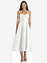 Front View Thumbnail - White Tie-Neck Halter Full Skirt Satin Midi Dress
