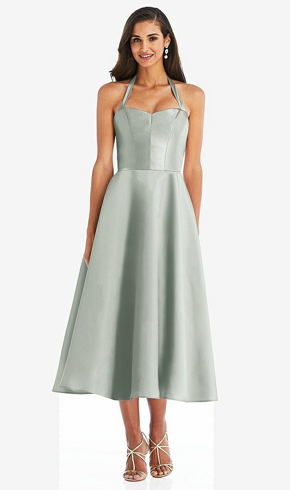 Front View - Willow Green Tie-Neck Halter Full Skirt Satin Midi Dress