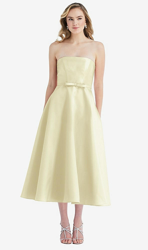 Front View - Butter Yellow Strapless Bow-Waist Full Skirt Satin Midi Dress