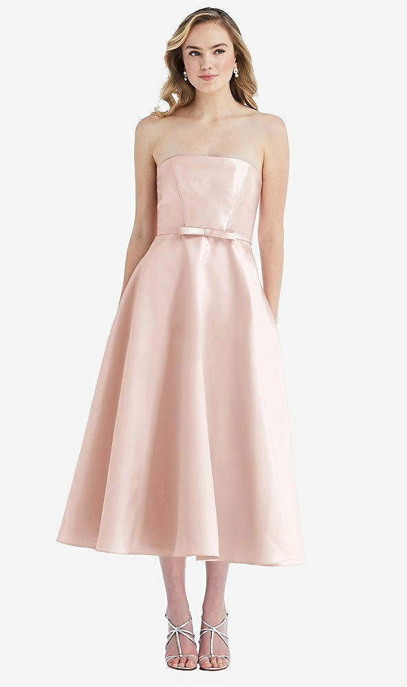 Front View - Blush Strapless Bow-Waist Full Skirt Satin Midi Dress