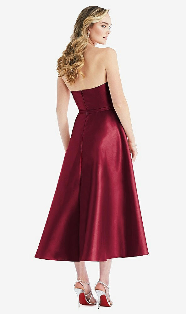 Back View - Burgundy Strapless Bow-Waist Full Skirt Satin Midi Dress