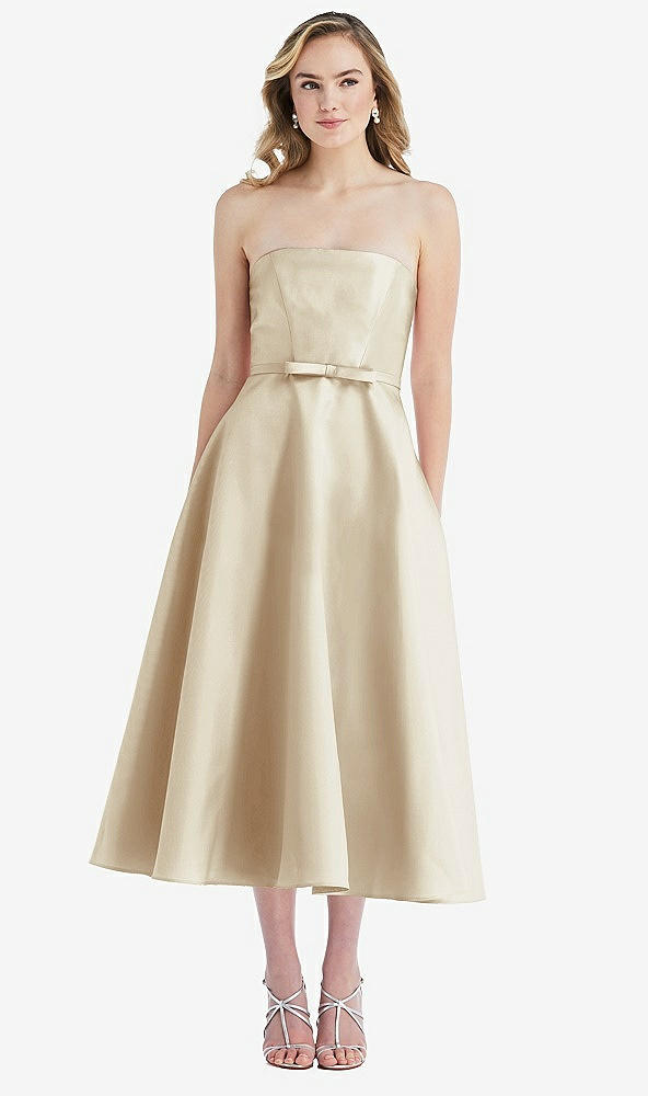 Front View - Champagne Strapless Bow-Waist Full Skirt Satin Midi Dress
