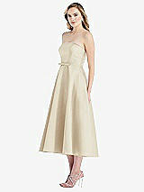 Side View Thumbnail - Champagne Strapless Bow-Waist Full Skirt Satin Midi Dress