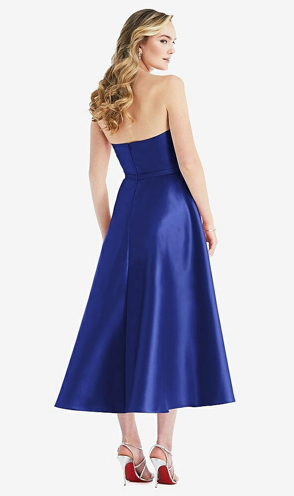 Back View - Cobalt Blue Strapless Bow-Waist Full Skirt Satin Midi Dress