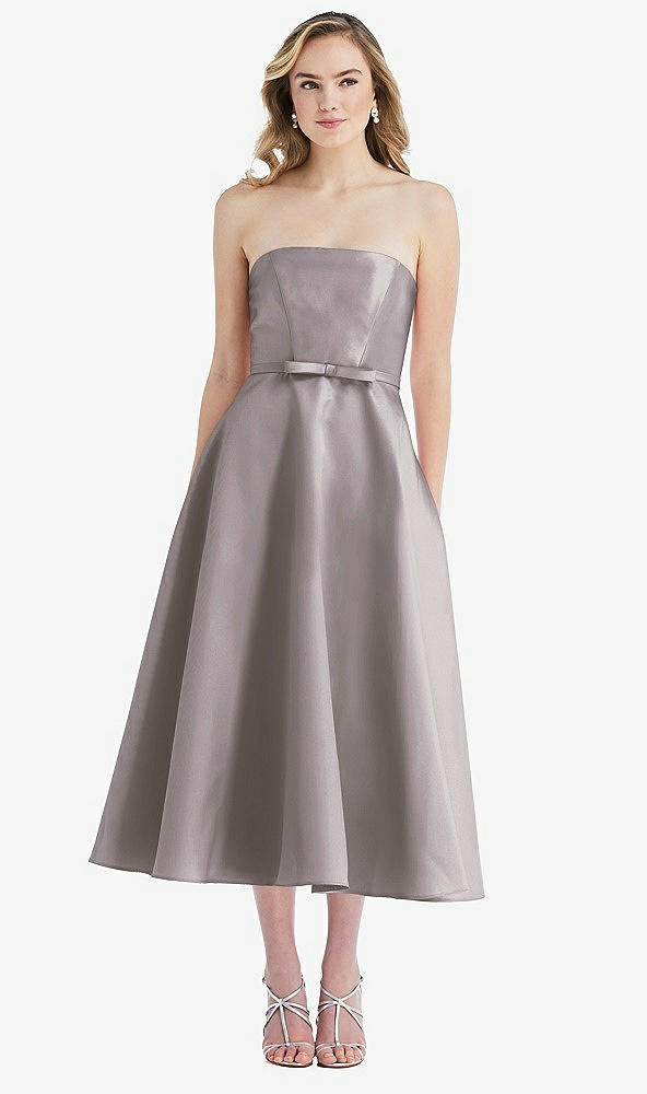 Front View - Cashmere Gray Strapless Bow-Waist Full Skirt Satin Midi Dress