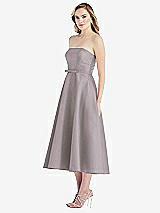 Side View Thumbnail - Cashmere Gray Strapless Bow-Waist Full Skirt Satin Midi Dress