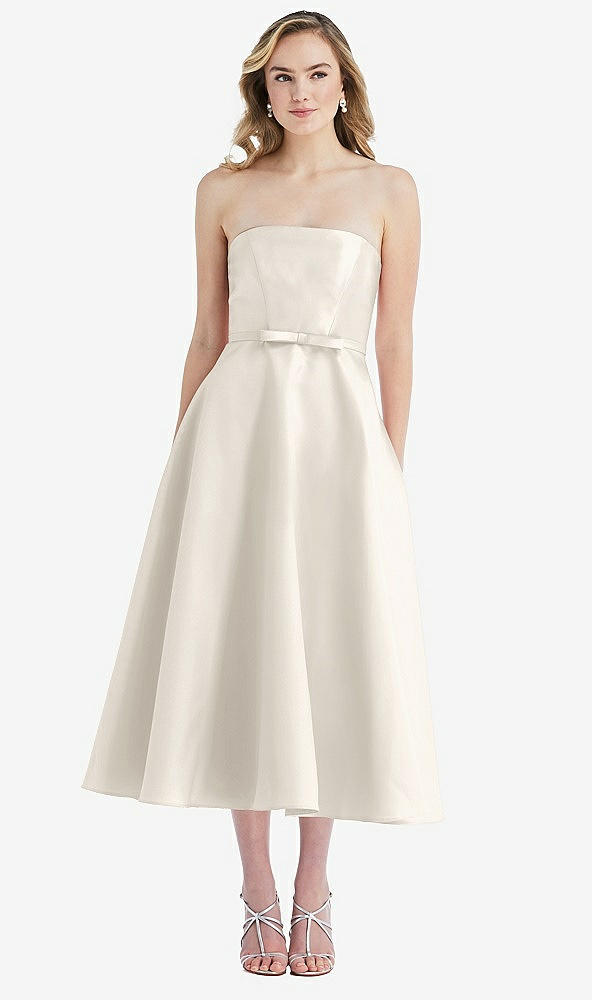 Front View - Ivory Strapless Bow-Waist Full Skirt Satin Midi Dress