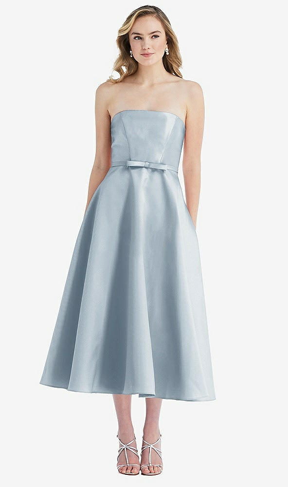 Front View - Mist Strapless Bow-Waist Full Skirt Satin Midi Dress