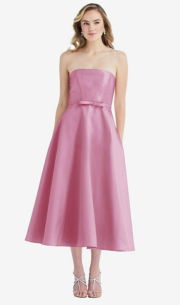 Front View - Powder Pink Strapless Bow-Waist Full Skirt Satin Midi Dress