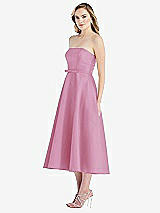 Side View Thumbnail - Powder Pink Strapless Bow-Waist Full Skirt Satin Midi Dress