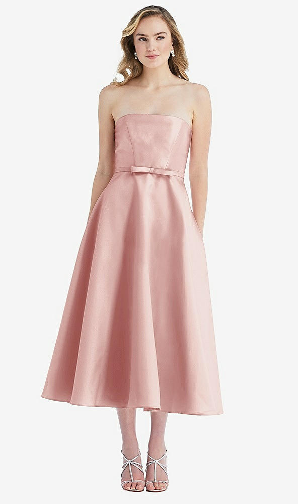 Front View - Rose Strapless Bow-Waist Full Skirt Satin Midi Dress