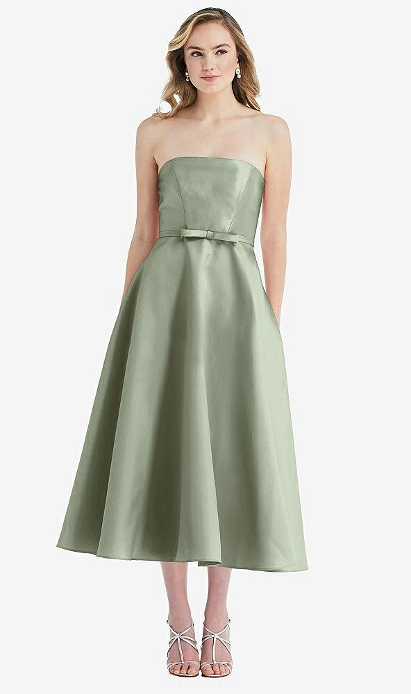 Front View - Sage Strapless Bow-Waist Full Skirt Satin Midi Dress